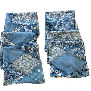 Vtg Blue Floral Hand rolled Napkins 8 Set Handkerchief Cottagecore Patchwork